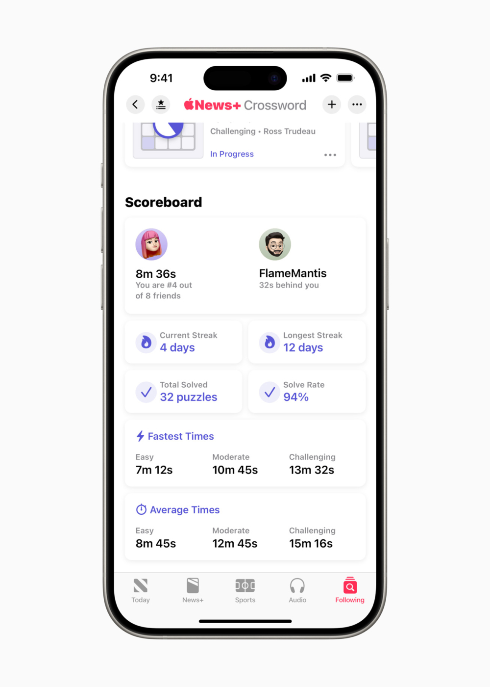 Puzzels排行榜功能亦加入了填字遊戲Crossword、迷你填字遊戲Mini Crossword及Quartiles的玩家數據,可以查看統計數據及連勝紀錄~