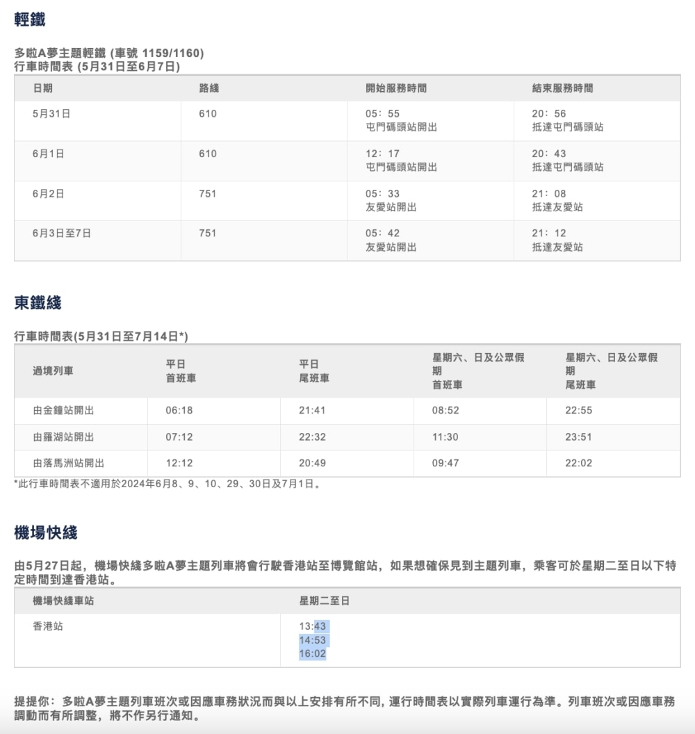多啦A夢主題列車時間表。