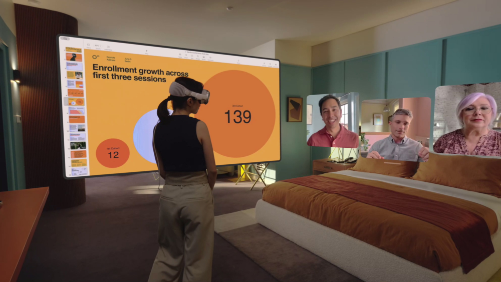 Vision Pro亦支援Face Time功能,每位視訊參與者會以真實大小的圖塊呈現,並引入「空間音訊」,可根據畫面位置調整音訊,讓聲音聽起來與真人對話一樣。