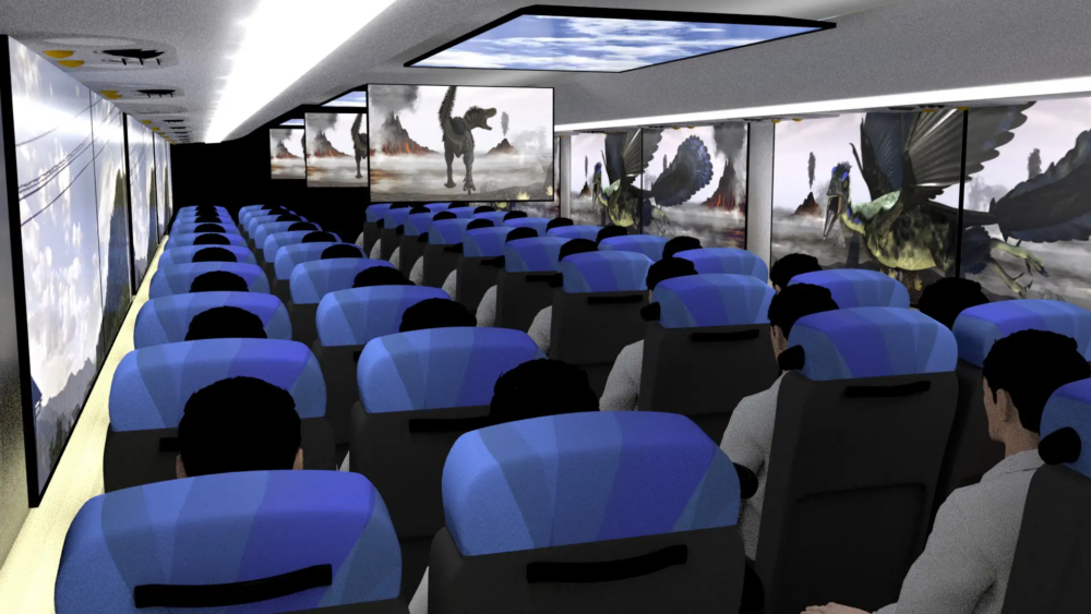 隨著巴士行駛移動，螢幕會出現各種動態恐龍影片，結合VR技術，給人感覺好像真的走入了恐龍世界！