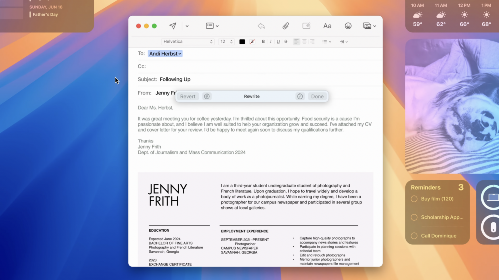 Apple Intelligence智慧寫作功能～在郵件、備忘錄及Safari等App，可以即時生成、重寫、校對、摘要等文字，並可根據特定語氣、風格撰寫。