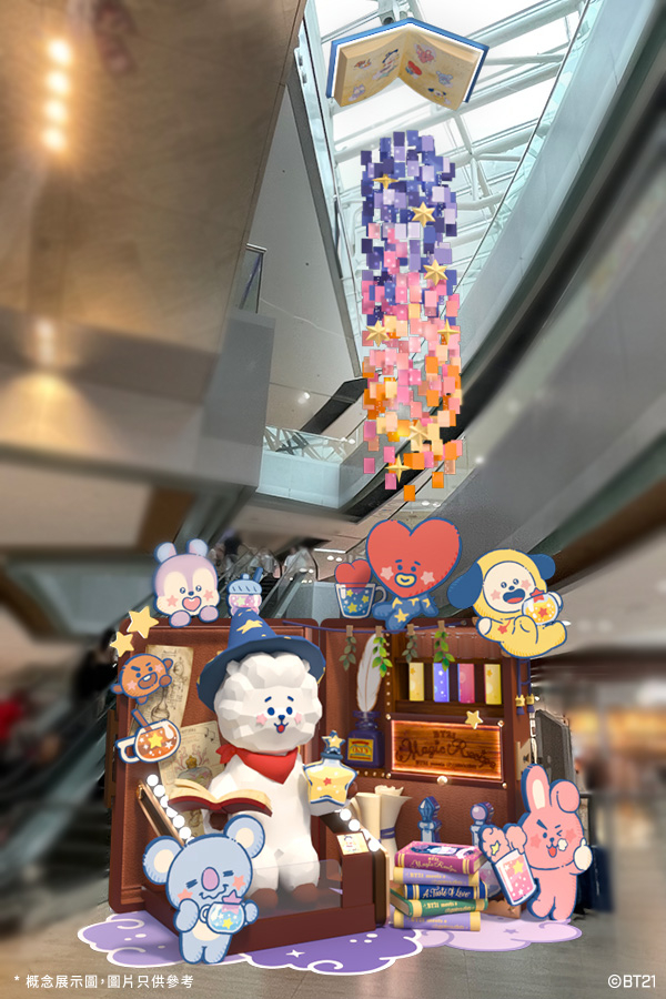 全球首次亮相並以再生紙製成的魔法師RJ和6位微醺造型的 BT21宇宙明星包括KOYA、SHOOKY、MANG、CHIMMY、TATA及COOKY正忙碌收拾魔法藥水及飛天魔法書於行李箱中。