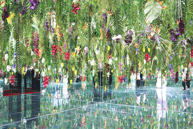 從上面落下的彩色花朵映照在四面鏡子中，讓大家可以享受奇妙的體驗。