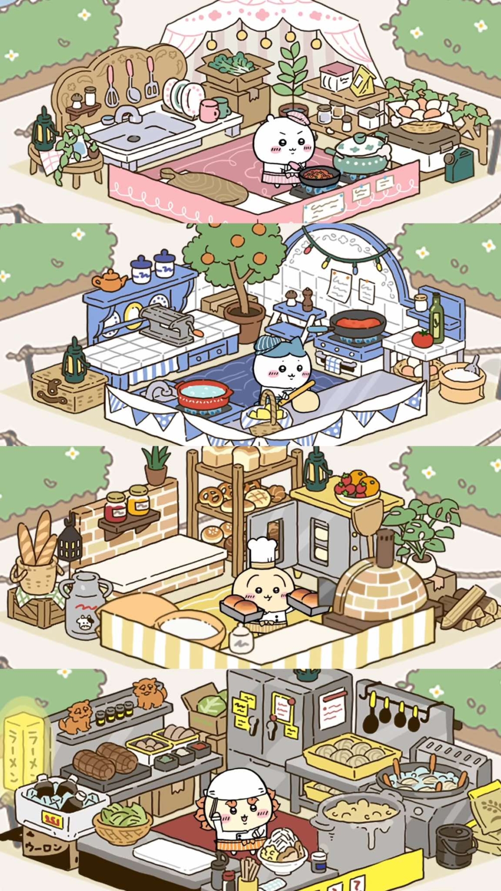 「Chiikawa Pocket」的玩法主要透過討伐怪物、拔草、收集食譜及烹飪等以獲得獎勵，而且每個角色的廚房還會隨著個人特色而不同風格！ 