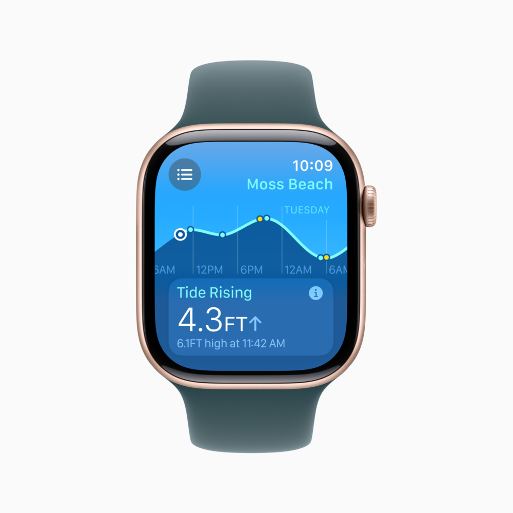 watchOS 11推出全新「潮汐」App,用戶可一覽七天內的潮汐預報,掌握全球各地海岸和衝浪點的漲潮及退潮資訊。