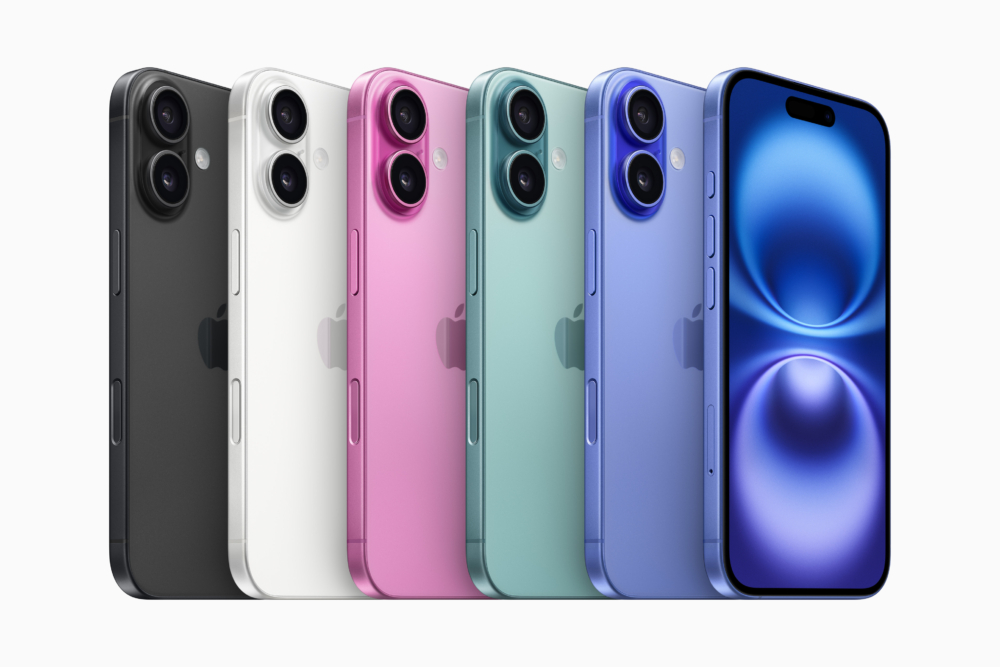 iPhone 16及iPhone 16 Plus推出5種大膽的亮麗顏色:黑色、白色、粉紅色、湖水綠色及群青⾊。