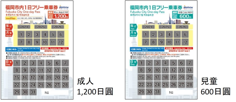 福岡市內巴士1日乘車券。