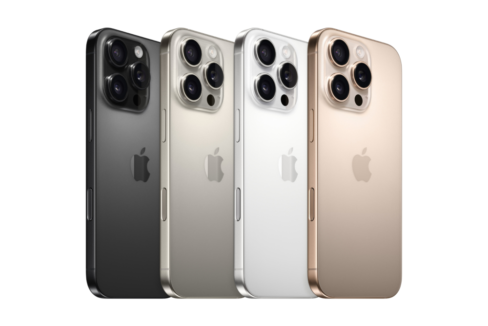 iPhone 16 Pro及iPhone 16 Pro Max推出4種絕美顏色:黑色鈦金屬、自然色鈦金屬、白色鈦金屬、沙漠色鈦金屬。
