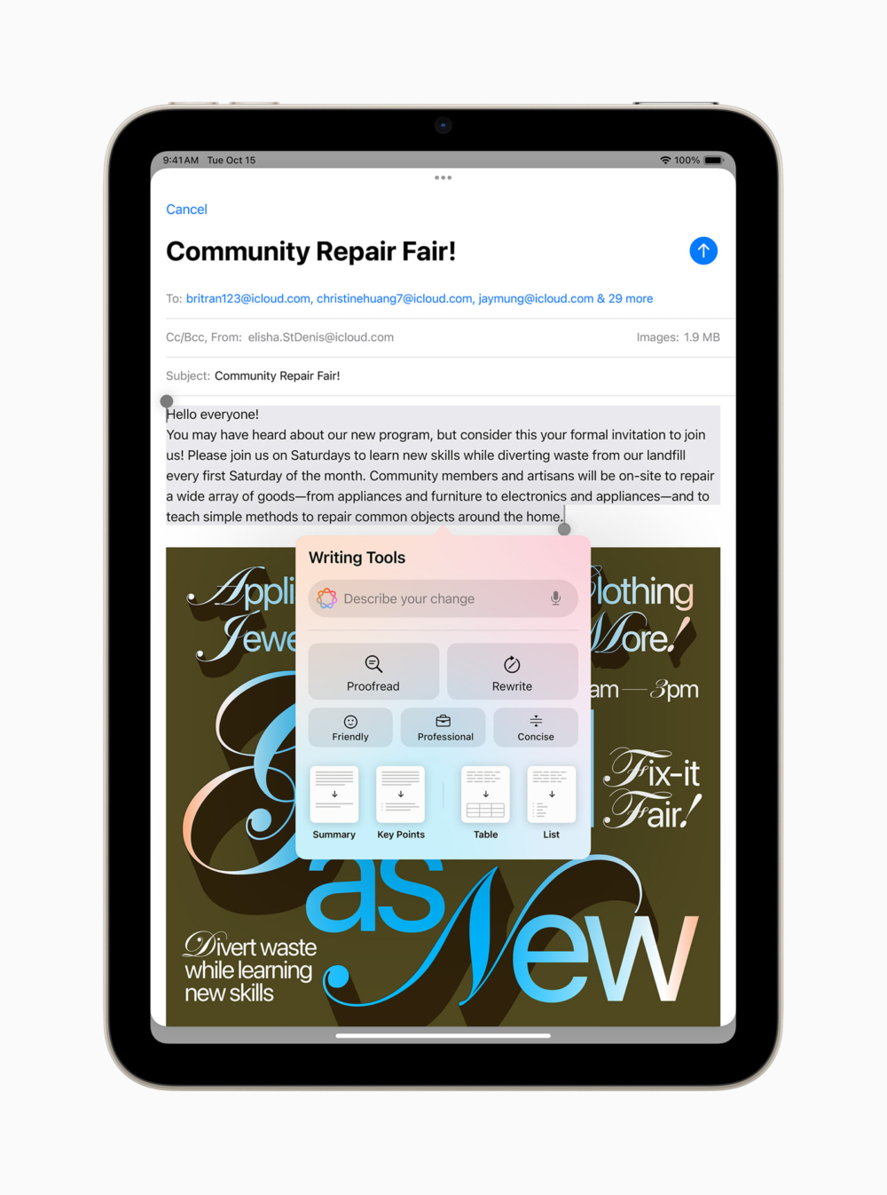 iPad mini 7引入Apple Intelligence功能,推出多種功能,包括「Writing Tools」。