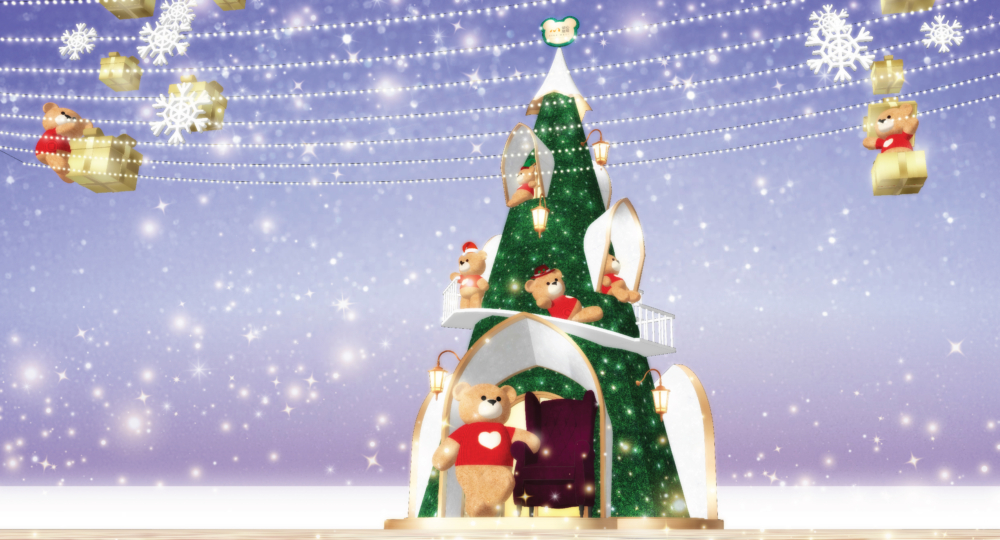 6米高的夢幻聖誕樹屋,數十隻萌爆的小熊將乘著聖誕禮物盒從天而降。