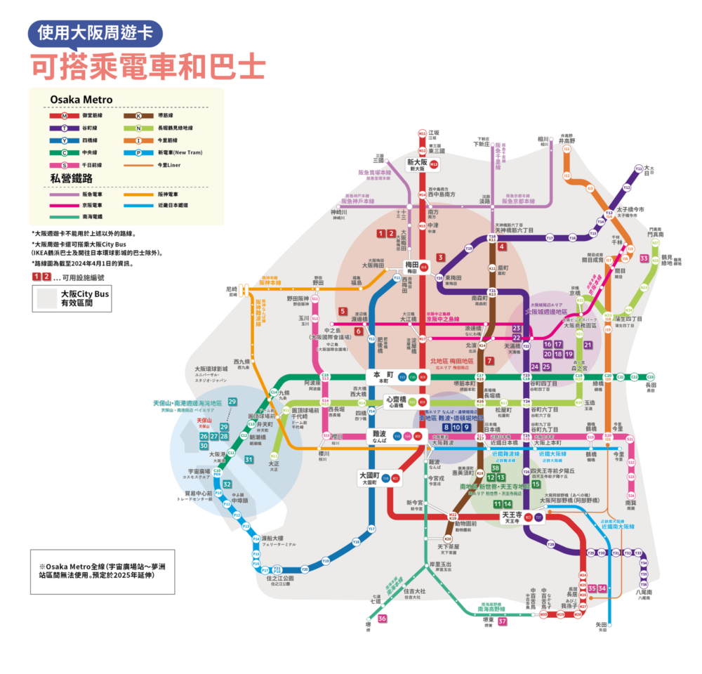 大阪周遊券可乘搭電車及巴士。
