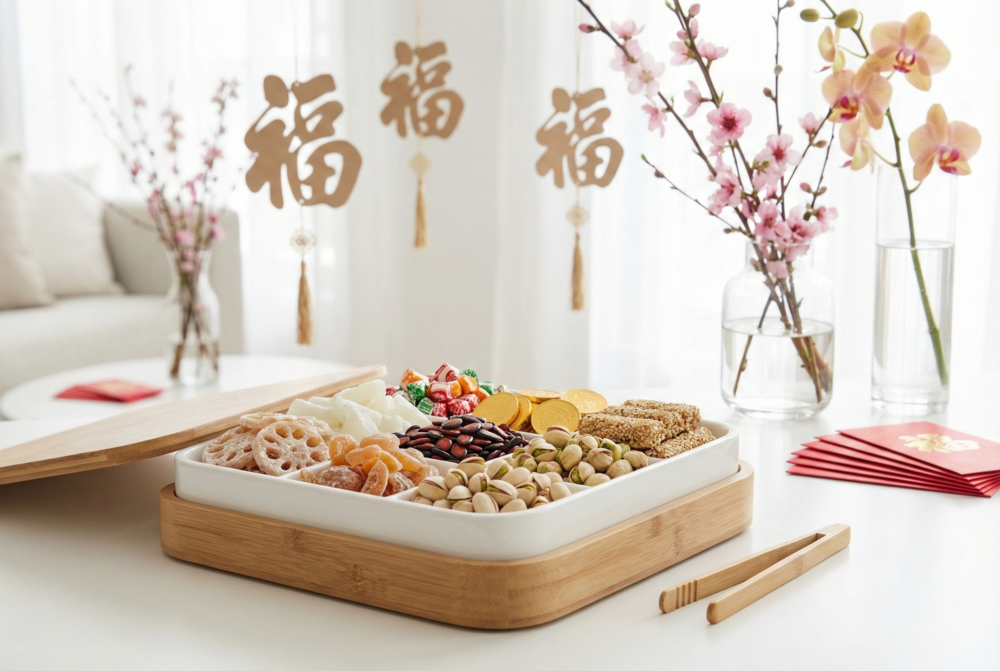 全盒是農曆新年必備的吉祥器具，既盛放寓意團圓、好運與富足的零食，也象徵新年祝福圓滿十全。