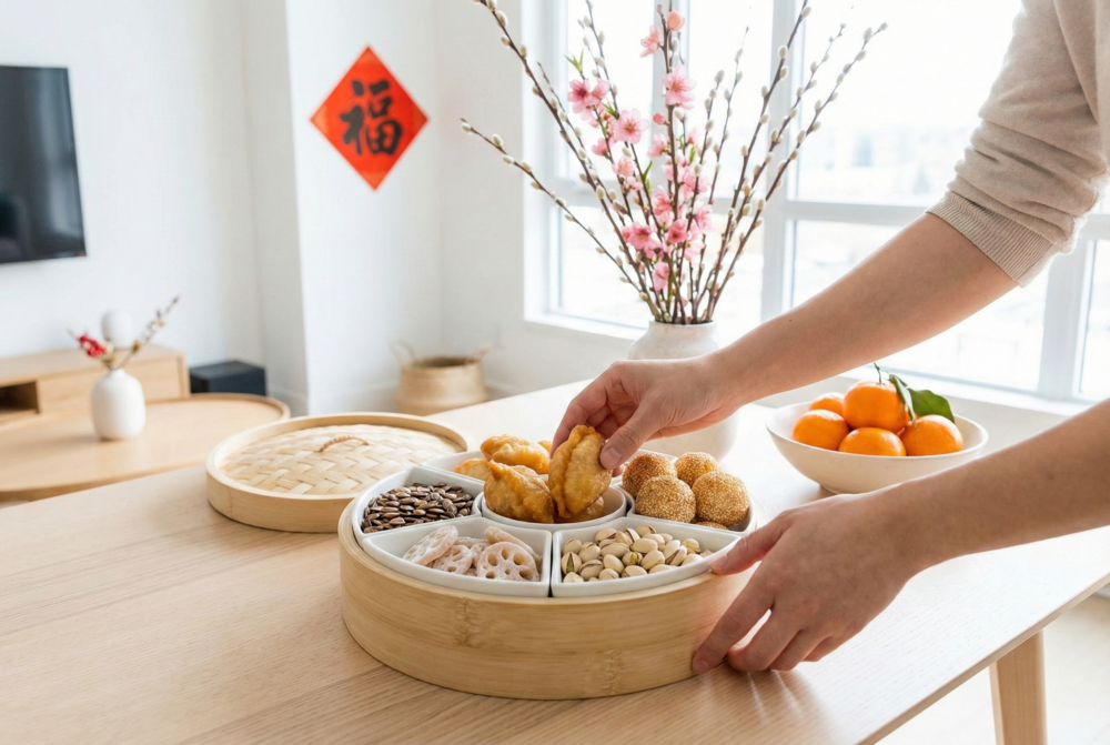 全盒可放油角、笑口棗與煎堆，象徵富貴滿袋、笑口常開與圓滿吉祥。