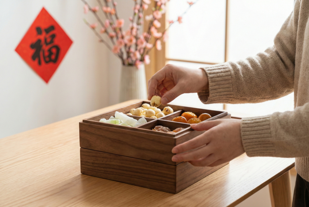 全盒八甜各有吉祥寓意，象徵連年好運、子孫滿堂、財運亨通與順利吉慶。