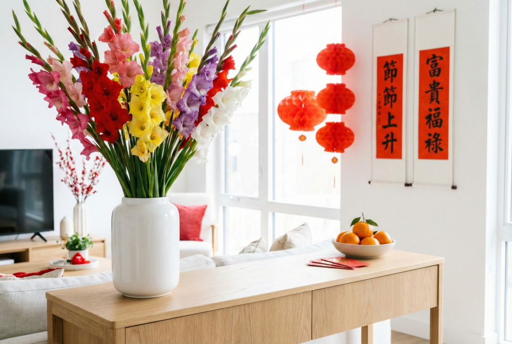 劍蘭象徵節節上升與富貴福祿，花莖由下而上盛開寓意步步高升，不同顏色亦各具吉祥意義，如白色代表愛、黃色代表富貴。