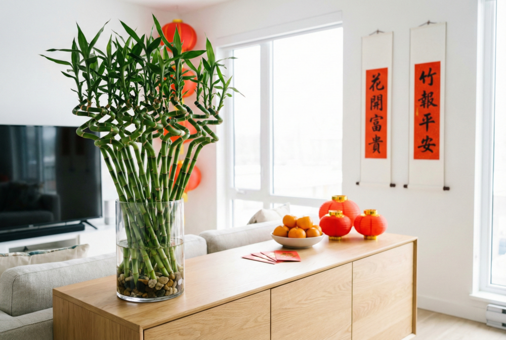 富貴竹象徵花開富貴、竹報平安，翠綠美觀又能淨化空氣，是過年吉祥好意頭的常綠植物。
