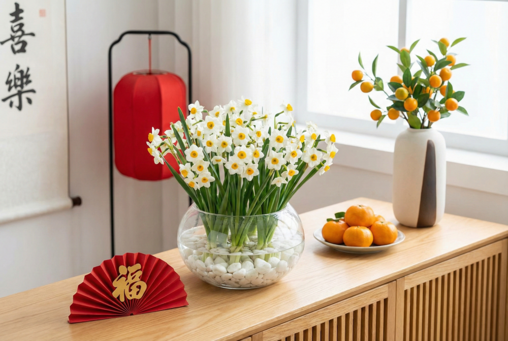 水仙花象徵吉祥如意與團圓和睦，香氣清雅、花色高貴，是熱門年花之一；花期約一星期，可透過調整水溫控制開花時間。