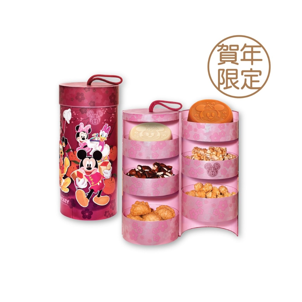 奇華餅家還有推出迪士尼米奇與好友系列賀年炮仗禮盒、蛋卷禮盒，當中包括亞嫲糖年糕、笑口棗及埋酥角等多款賀年小食，而且禮盒造型趣致！
