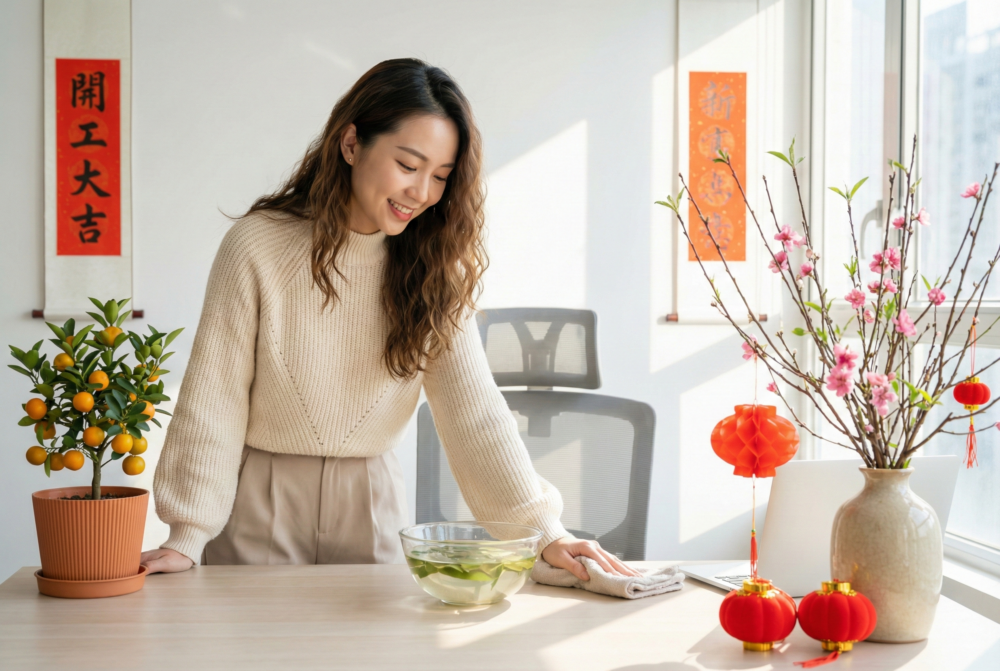 開工當天用碌柚水清潔辦公桌，象徵洗去舊年衰氣，保持整潔迎接順利新年。