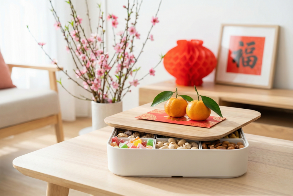 全盒宜放利是與帶葉柑桔，象徵吉祥、平安與家族興旺圓滿。