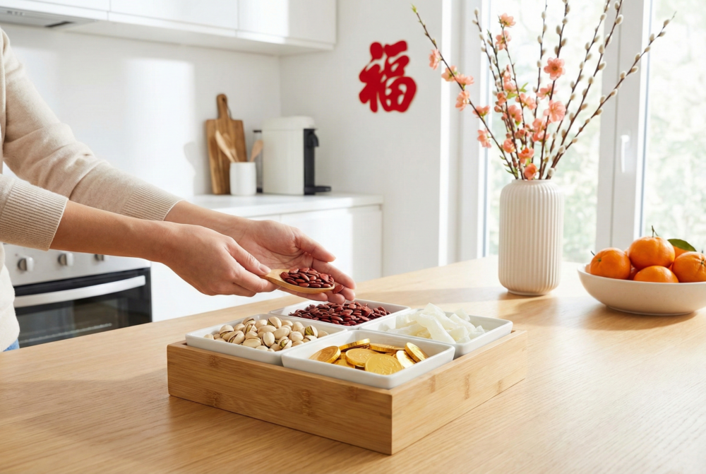 全盒宜放紅瓜子，象徵抓銀招財，帶來新年財運亨通。