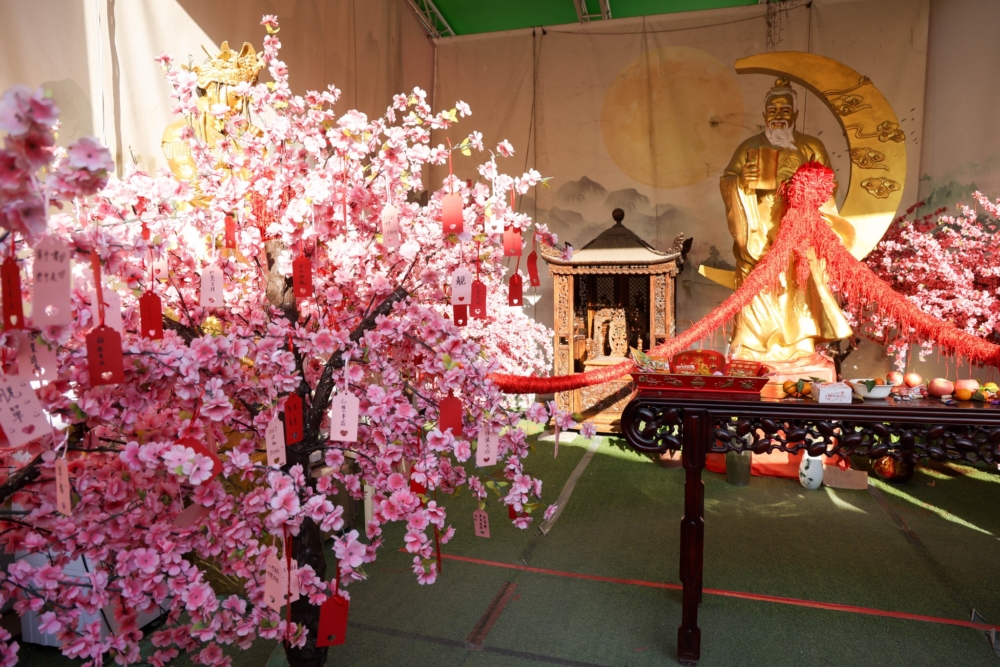 園內開放民眾參拜月老，並可將祈願卡掛在「祈願桃花樹」上。