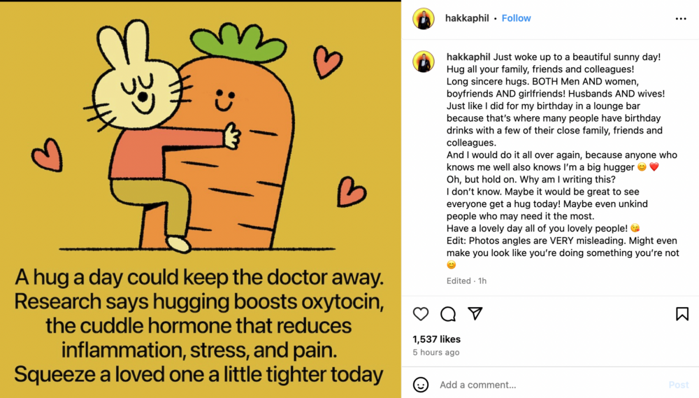 胡杏兒老公李乘德早前被爆攬女，其後以自稱「擁抱者」化解事件