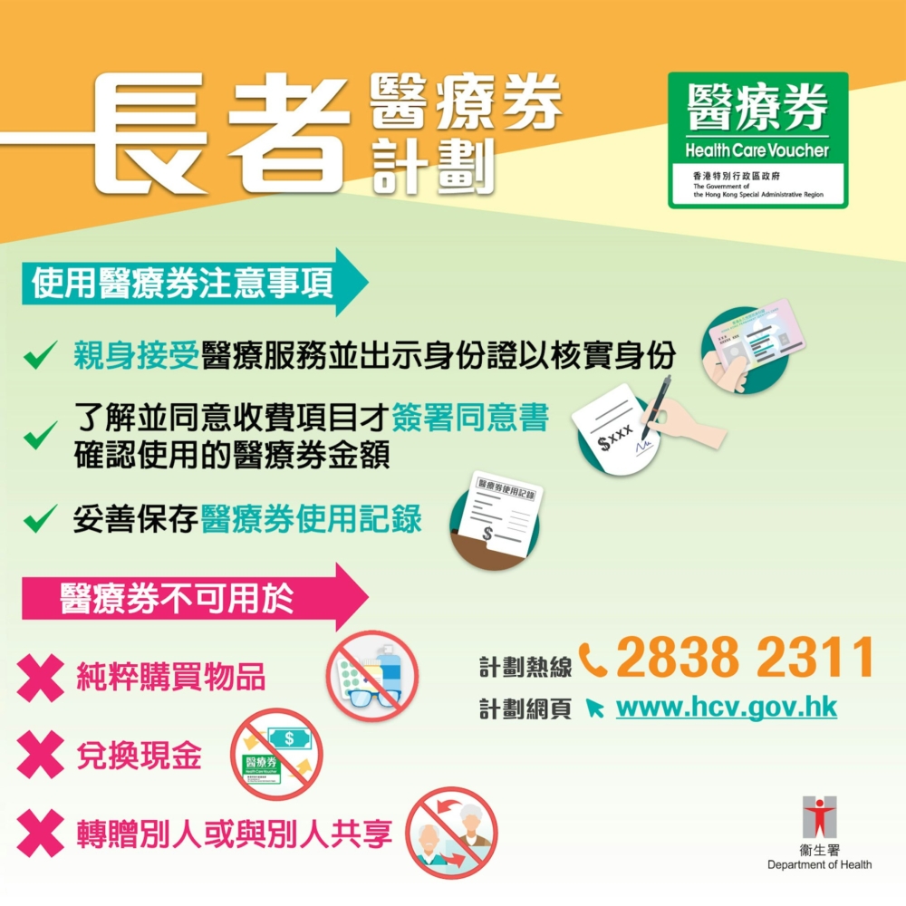 醫療券適用於已登記參加計劃的服務提供者,例如私營西醫、中醫、牙醫、視光師等。