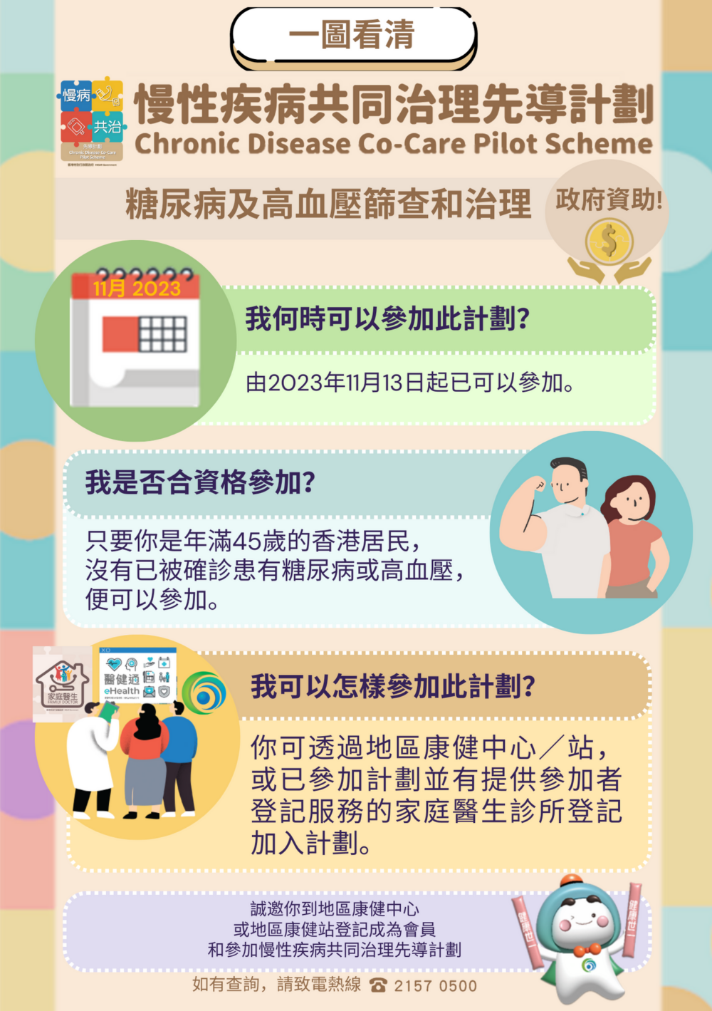 慢性疾病共同治理先導計劃(慢病共治計劃)針對45歲或以上的香港市民,並提供兩項身體檢查。