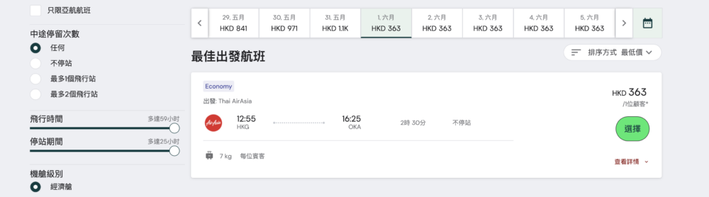 直航沖繩單程票價低至HK$88起（未連稅），官網價錢為連稅價，即$363。