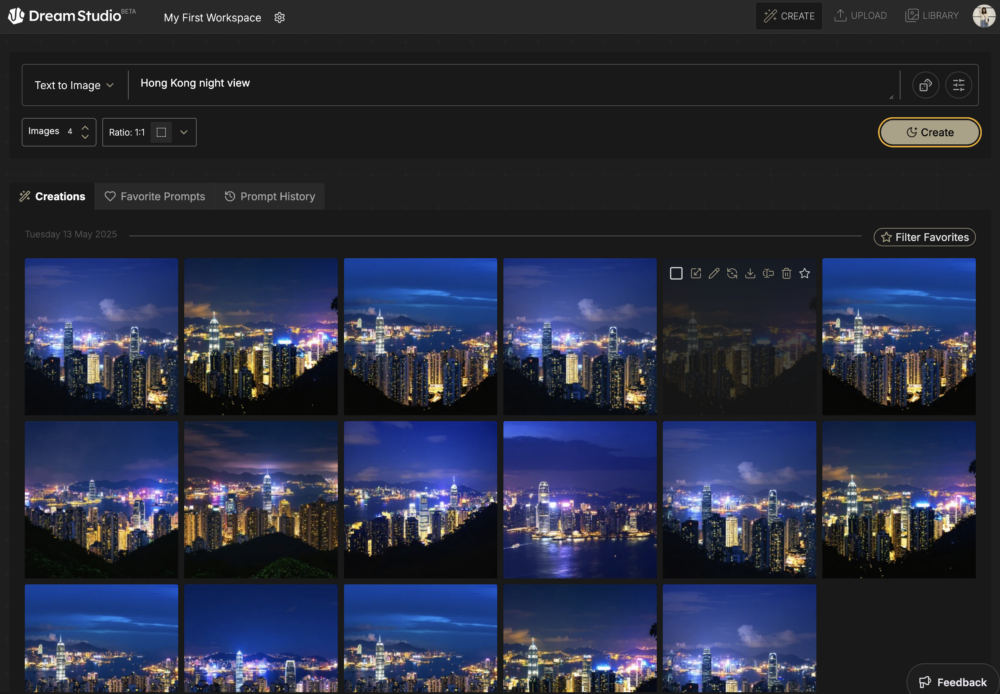 只需輸入簡單文字即可生成，記者再次用「Hong Kong night view」作指令，無須一分鐘即能生成多張香港夜景的圖片。