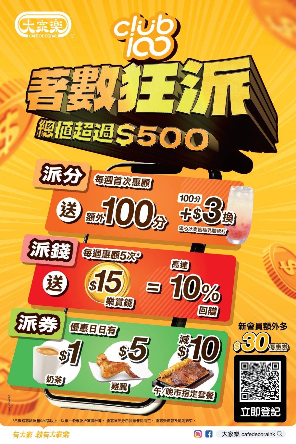 大家樂Club 100會員計劃隆重推出全新「著數狂派」優惠活動，為會員送上總值超過$500的豐富獎賞！
