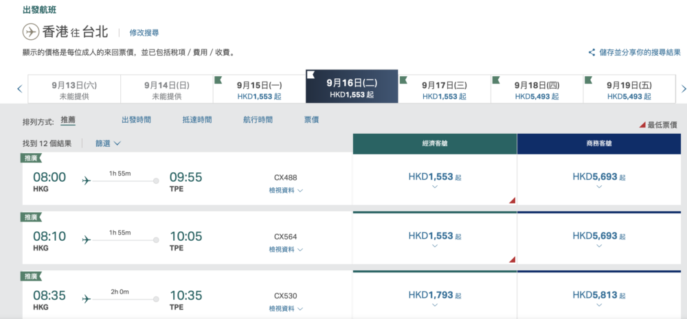 香港飛台北，9月16日出發，經濟艙(標準)來回連稅$1,555！