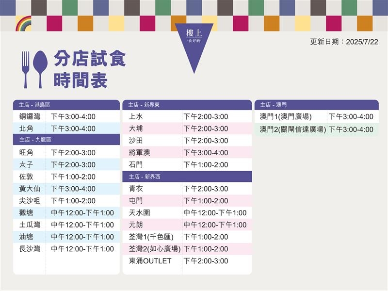 逢每星期四至星期日，樓上港、澳主店及東涌OUTLET開放試食體驗，每店設指定試食時間：