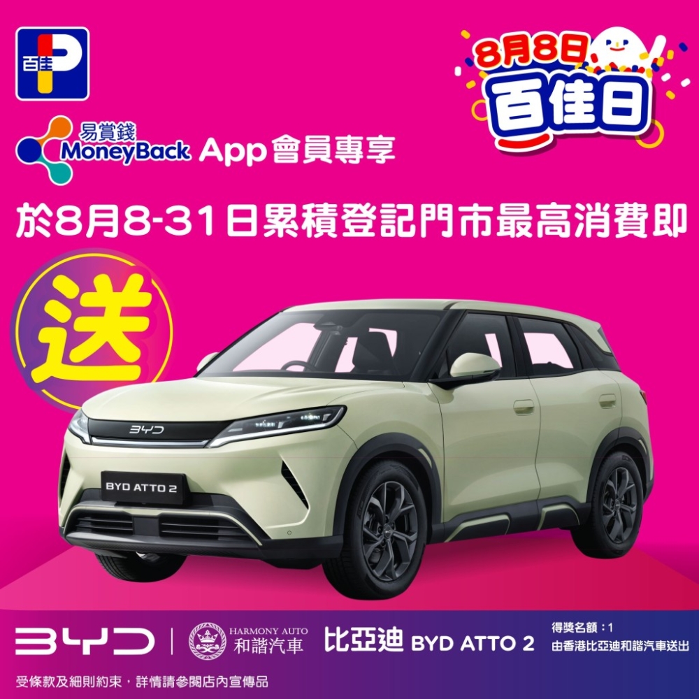  由8月8至31日，門市累積最高消費的易賞錢App會員還有機會贏走由香港和諧汽車送出的比亞迪BYD ATTO 2汽車1部！