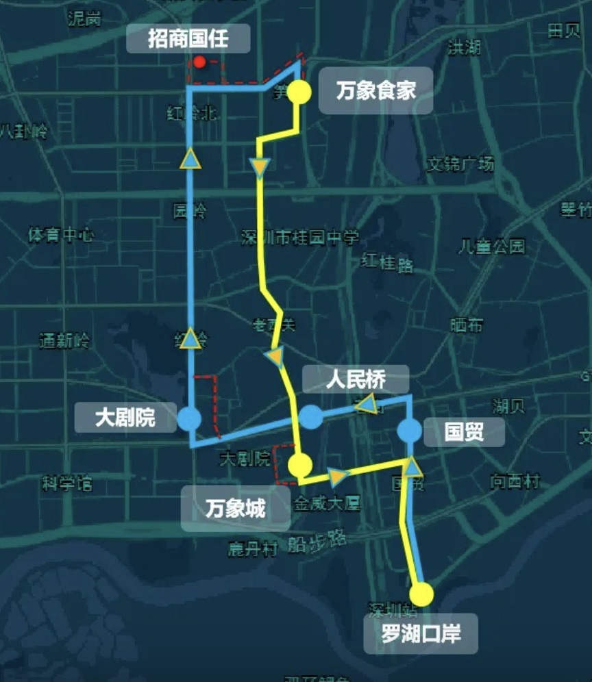 首期開通路線以萬象食家與羅湖口岸為首末站,路線總長為10.4公里,單程運行約35至45分鐘。