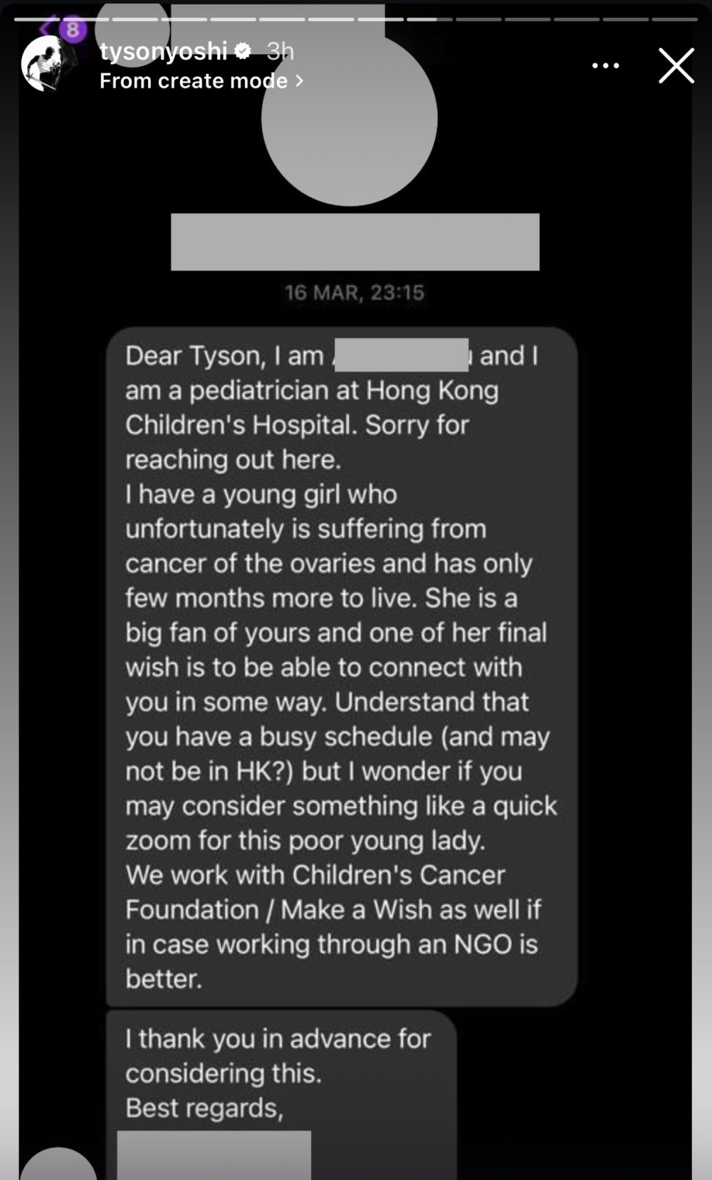 歌曲中幫助癌症小朋友的故事，Tyson就指自己「從來唔攞人命開玩笑」