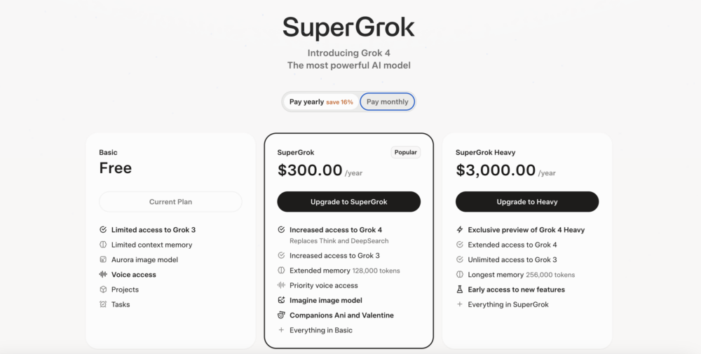 Grok現在共有30美元/月和300美元/月兩檔訂閱方案。