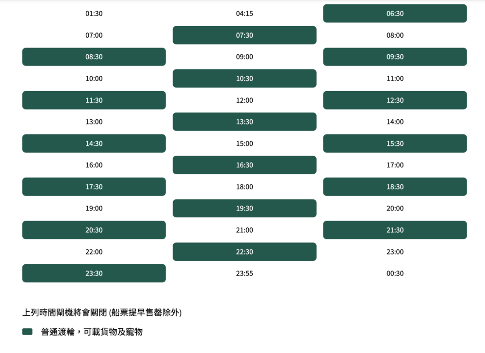 長洲船期表|從中環5號碼頭出發:星期日及公眾假期。