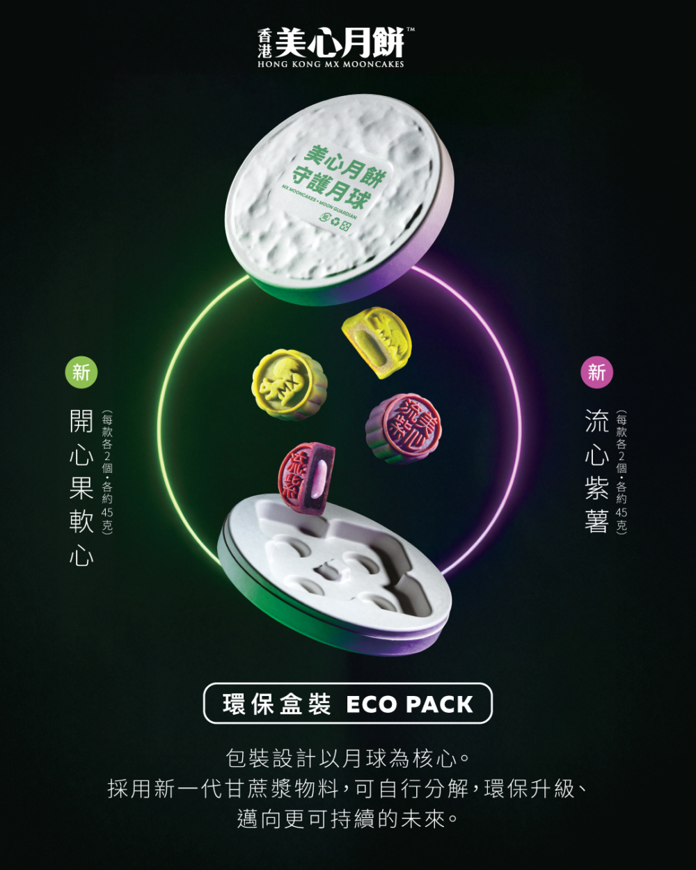 超有創意的「環保裝月餅禮盒」登場！外觀就像月球表面一樣，裡面還藏著兩款新口味：甜蜜的流心紫薯，以及香氣濃郁的開心果軟心月餅，兩種願望一次滿足！