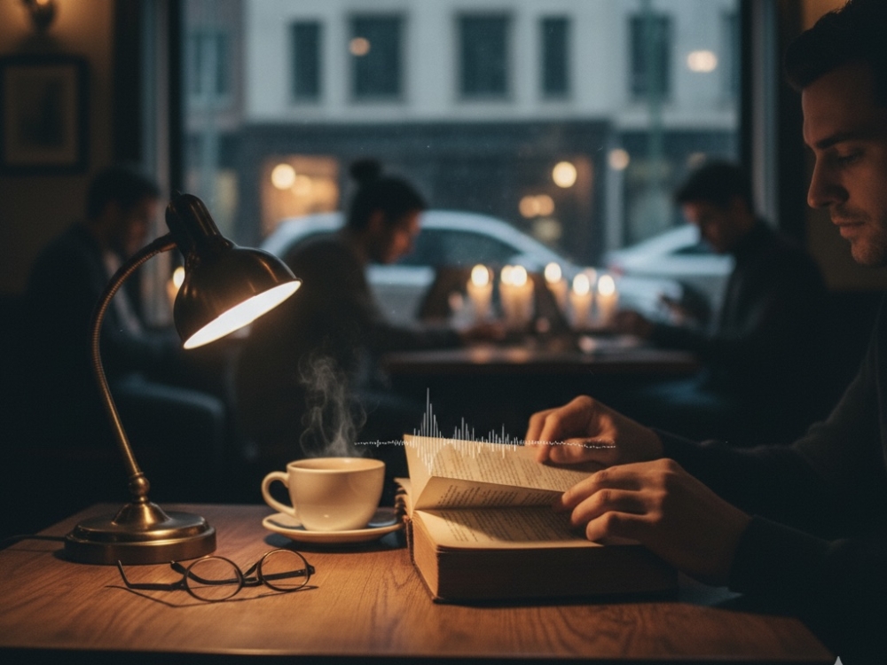 凌晨咖啡廳的微光與翻書聲