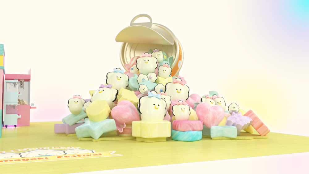 4.2米高的巨型生蠔罐頭裝置，多個大小不一的生蠔BB公仔和造型可愛的糖果從罐頭傾瀉而下，