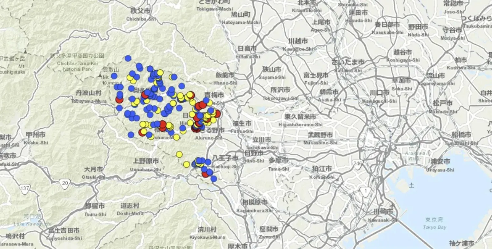據最新東京都官網地圖顯示,熊的活動範圍已經擴大到多摩丘陵,甚至接近市區。