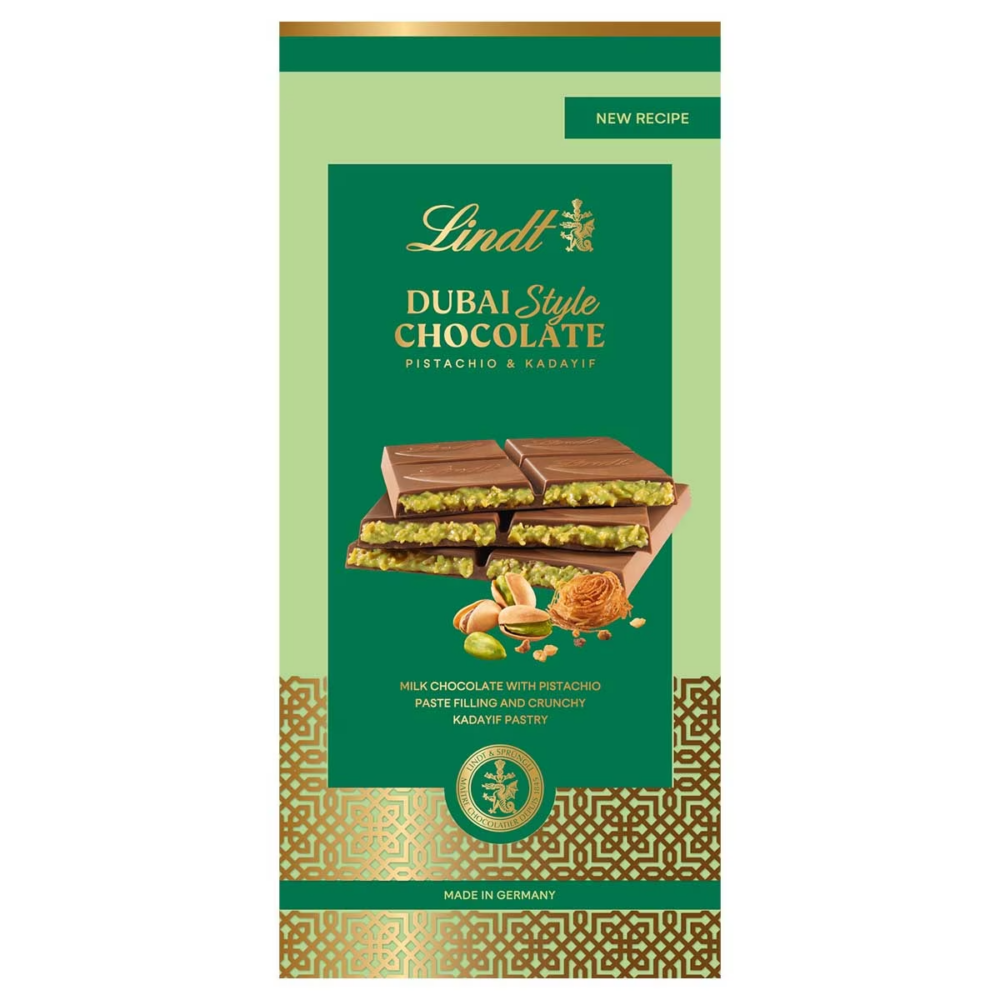 瑞士蓮（Lindt）推出「杜拜式開心果朱古力」，將瑞士牛奶朱古力與45%開心果夾心餡、酥絲及果粒結合，帶來容易入手且外滑內脆的多層次口感。