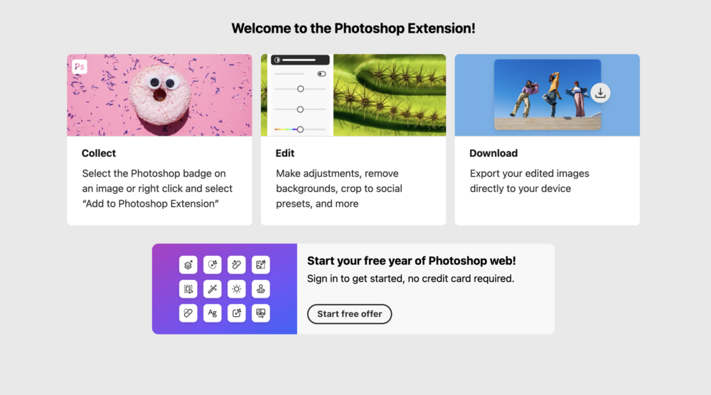第二步：進入「Welcome to the Photoshop Extension」版面後，點擊「Start Free Offer」