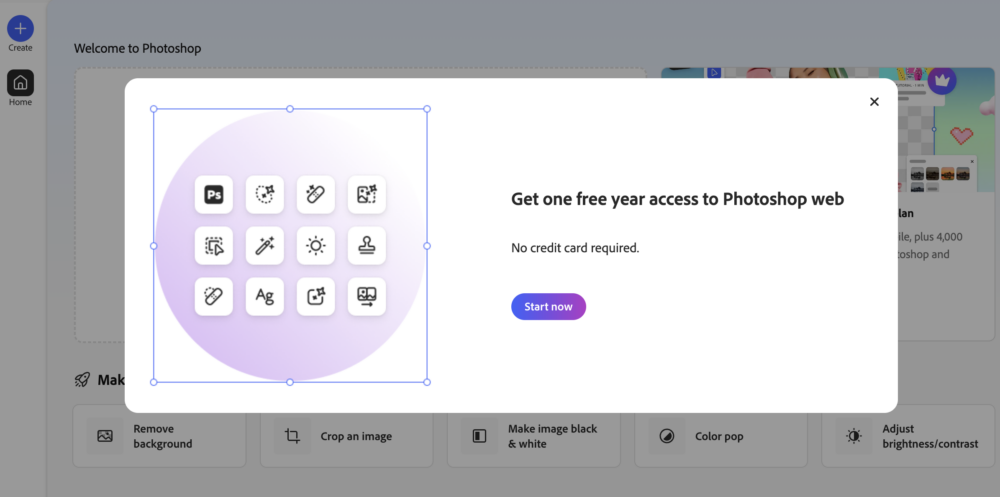 第三步：進入「Photoshop網頁版」後，點擊「Start now」，期間無需輸入信用卡資料