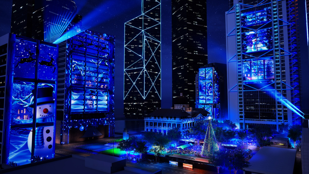 光影匯演結合了3D投影、燈光效果與節日音樂，將天使、雪花等圖案投射在建築與樹木上，呈現出層次感十足的視覺盛宴。