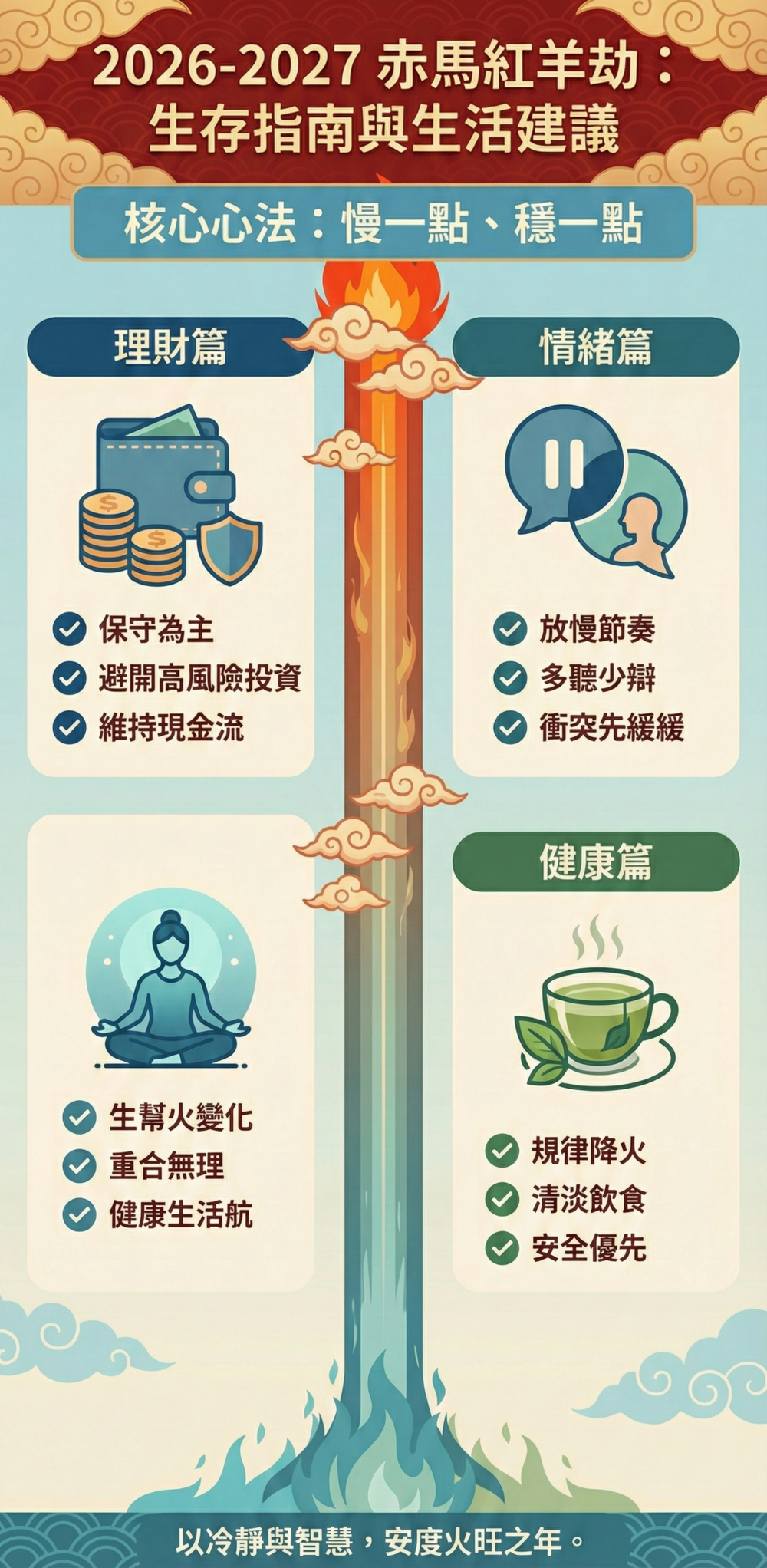 2026-2027赤馬紅羊劫生活指南資訊圖,涵蓋理財保守化、情緒管理放慢節奏、健康規律降火三大建議,圖中列出避開高風險投資、維持現金流、多聽少辯與清淡飲食等具體行動策略,協助讀者在火旺年份維持平衡。
