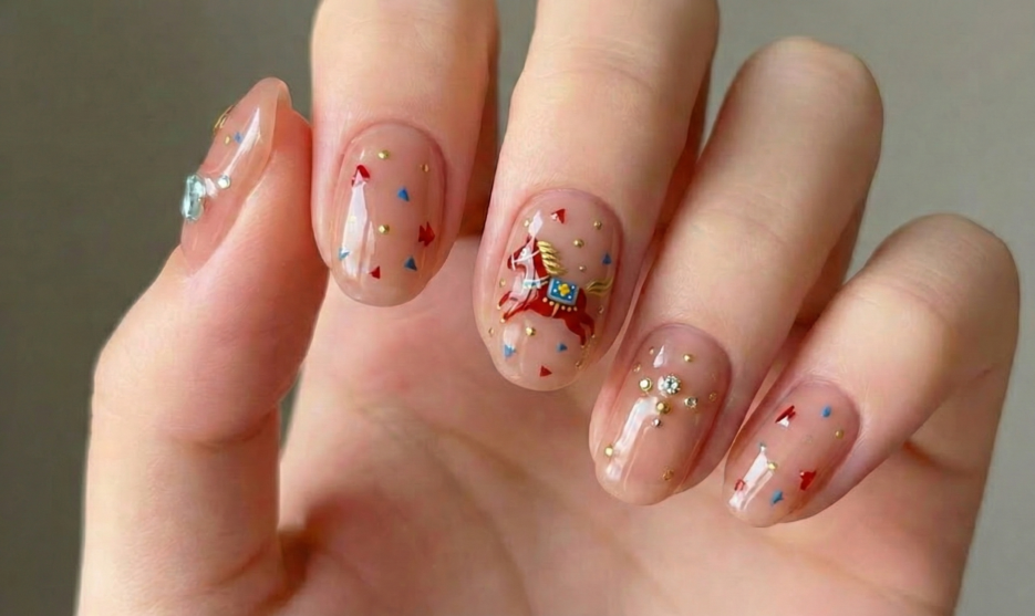 這款以裸粉色為基底,畫上超童趣的小馬圖案,寓意「馬到功成」。