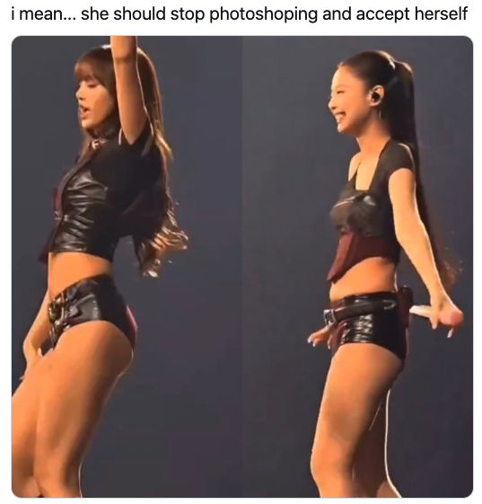 從網友上傳的圖片可見，Jennie在演唱會生圖中腹部較為突出，身材的確看起來與健身照有別。